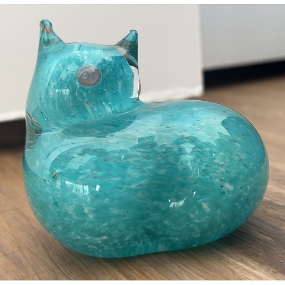 West Elm St. Jude handblown teal blue glass cat figurine paperweight